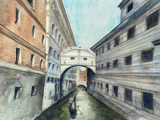 Seufzerbrücke in Venedig mit einer Gondel im Vordergrund. Gemalt als Aquarell