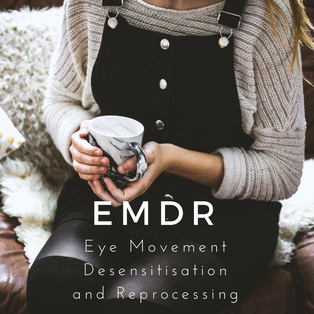 Woman relaxing with a hot drink after an EMDR therapy session, with EMDR Eye Movement Desensitisation and Reprocessing text overlay