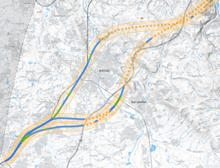 Die Varianten V3 und 4 unterscheiden sich i.W. bei der Um- oder Durchfahrung von Herford. Bei V3 stehen zwei Optionen zur Anbindung am Nordrand von Bielefeld zur Wahl (Quelle: www.hannover-bielefeld.de) 
