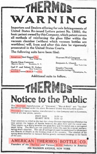 Warnung der "American Thermos Bottle "gegen Verstöße der Urheberrechte, Patent Burger/Aschenbrenner