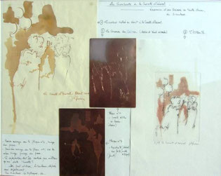*  886- Tableau comprenant le dessin original, les 2 plaques cuivre et l'estampe obtenue. 40x 50