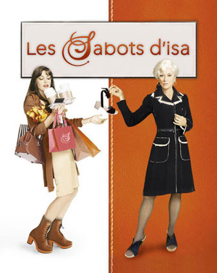 Cette image représente un détournement de l'affiche du film le Diable s'habille en Prada. Les deux héroïnes sont fan des sabots d'isa