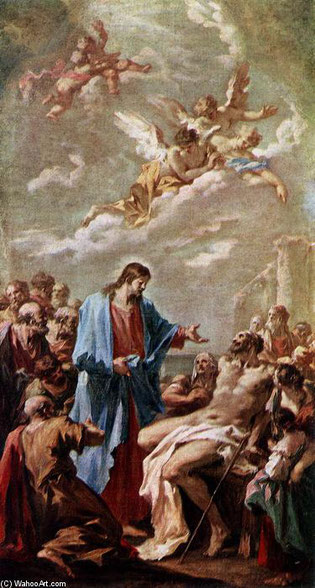 Giovanni Pellegrini.La curación del paralítico,1730. Esta obra es un boceto de extraordinario virtuosismo, para el monumental altar de San Carlos Borromeo de Viena fue Carlos VI quien la mandó construir conmemorando el final de la peste.