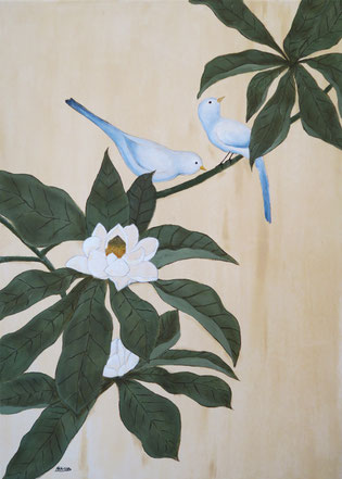 Japanese Nihonga painting blue birds standing on a magnolia tree with white beautiful flowers in bloom traditional Asian artwork for your home art for sale