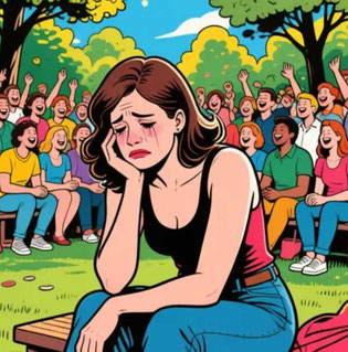 A sad young woman sits in the park. Other people around her seem to have nice time.