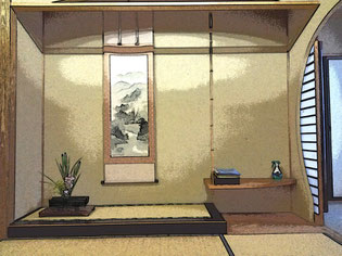 曲線が多くほっとする室内(これも水彩画風で)