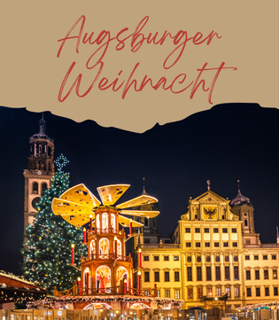Das Augsburger Rathaus und der Perlachtum als Kulisse im Hintergrund. Der Augsburger Christkindlesmarkt findet auf dem Rathausplatz zur Weihnachtszeit im Vordergrund statt.