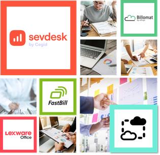Logos of different accounting software apps for which Tax•visor can give support, which are sevDesk, Billomat, fastbill, lexoffice.