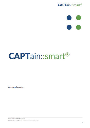 Beispiel für das Titelblatt der Auswertungsvariante CAPTain::smart® talents; Die CAPTain::smart®-Auswertungen analysieren den CAPTain Test® in Hinblick auf eine spezifische Fragestellung, wie z. B. Kommunikation, Konfliktverhalten oder Selbstmanagement.