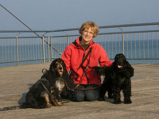 Eine Frau kniet auf dem Boden, neben ihr sind 2 Cocker Spaniel.