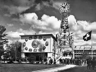 Uhrenpavillon der Schweizerischen Landesausstellung 1939, Zürich. Foto: Jean Gaberell, ETH Zürich, Bildarchiv, Public Domain.