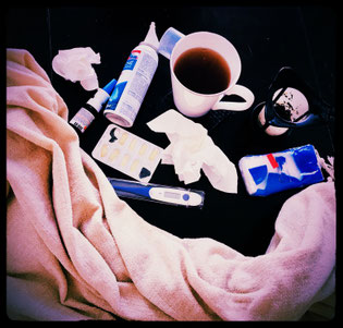 Man-flu, nasal spray, tea, tissues & medicine