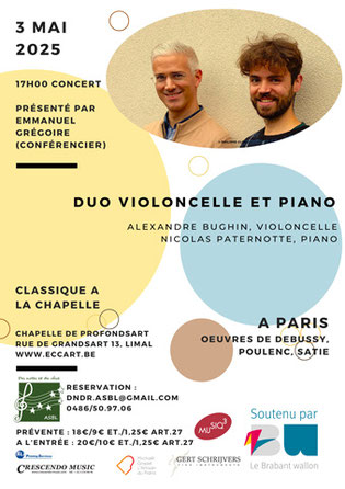 Classique à la chapelle, Duo violoncelle & piano - A Paris Alexandre Bughin et Nicolas Paternotte Le samedi 3 mai 2025 à 17h