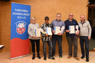 Für langjährige Mitgliedschaft wurden geehrt v.l.n.r. Sandra und Michael Naranjo (25 Jahre), Frank Ehmann und Bernd Esenwein (40 Jahre).