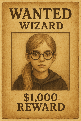Wizard Wanted Poster eines Mädchens mit Pferdeschwanz und Brille zur Verwendung im Unterricht