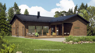 Barrierefreies Blockhaus mit Satteldach - Hausentwurf in L-Form planen - Holzhaus in massiver Blockbauweise - Architektenhaus bauen
