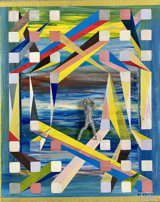 Kunstinstallation "PERIPHERIE" mit geometrischen Formen und einer zentralen menschlichen Figur. Thematisiert das Spannungsfeld zwischen Zentrum und Peripherie in einer vernetzten, digital gesteuerten Welt.