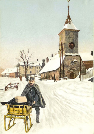 Composizione di una cartolina postale all'epoca degli inverni rigorosi del paese. In italiano si dice anche "tempaccio da cani"