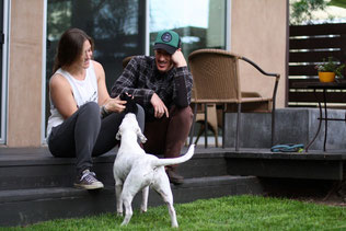Erin and Eric with Coconut in the backyard of their home in Venice, California (2014).