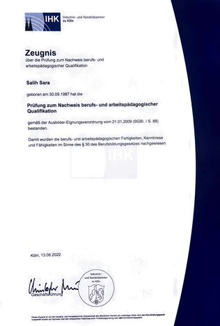 IHK Zeugnis Salih Sara | Nachweis berufs- und arbeitspädagogischer Qualifikation AEVO Ausbildung