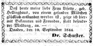 Geburtsanzeige für die älteste Tochter Thecla Schuster