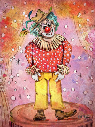 Exponat: Der Clown - Größe: 30 x 40 cm - Art: Tusche- & Aquarellstiftmalerei / © by Emil Pelz / 06. Februar 2026