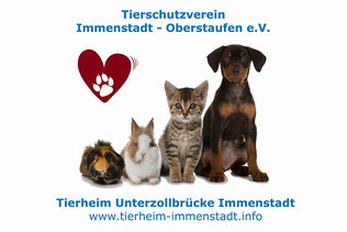 Logo des Tierheim Immenstadt mit einem roten Herz in dem eine Pfote abgebildet ist. Einem Hund,einer Katze, einem Kaninchen und einem Meerschweinchen.