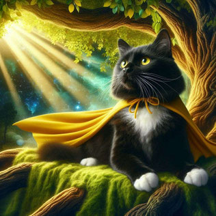 KI Bild einer schwarz-weißen Katze. Sie liegt auf einem moosbewachsenden Baumstumpf und trägt einen gelben Umhang wie ein*e Superheld*in. Links oben im Bild sind Sonnenstrahlen erkennbar, im Hintergrund ein Baumstamm. Wirkt magisch. 