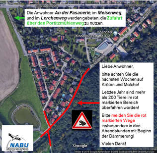 Einige Wanderschwerpunkte in Plaußig liegen an vielbefahrenen Wohngebietsstraßen. Die Anwohner werden gebeten, in der Zeit der Amphibienwanderung auf andere Strecken auszuweichen.