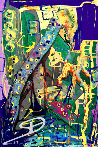 Sarah Esslinger-Dahlmann, Zauber, März 2011, 40 x 60 cm, Acrylfarbe auf Leinwand, abstraktes, kraftvolles, farbintensives Werk, verschlungenes hell-gelb und blau, Linien und Punkte, im Hintergrund grün