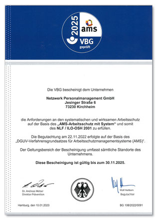 VBG-geprüft / ams - Arbeitsschutz mit System NETZWERK Personalmanagement