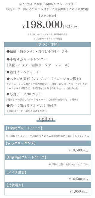 【プラン料金】198,000円〜（税込）【プラン内容】◆振袖（梅ランク）・着付け小物レンタル◆着付け・ヘアセット◆小物4点セットレンタル◆スタジオ撮影（シングル・バリエーション撮影）◆写真データ30カット【明るさのみ修正したデータをメールにて納品※納期約1ヶ月】◆選べて飾れるアルバム1冊付き※写真はおまかせセレクト