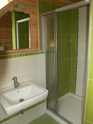 Gästebad im Blockhaus mit grüner Mosaik-Bordüre - Individuelle Blockhäuser  - ©Blockhaus-Profi