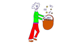 Männchen, dem wie bei Sterntaler das Geld in einen Korb regnet