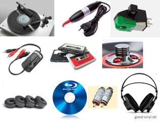 Kleine Auswahl an HiFi-Zubehör: Mitlaufbesen, Entmagnetisierer, Tonabnehmer, Mantelstromfilter, Kompaktkassetten, Plattenklemme, Absorberfüße, Bluray-Disc, Cinch-Stecker, Kopfhörer