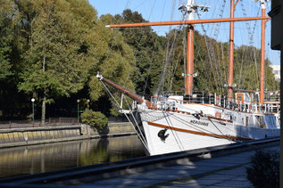 Segelschiff im Hafen von Klaipeda. Die Segel sind gerafft. Im Hintergund ist der Kai mit großen grünen Laubbäumen.- My own Travel - Baltikum Rundreise