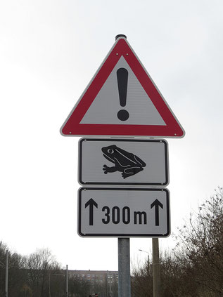 Auf Initiative des NABU wurden an verschiedenen Straßen Verkehrsschilder aufgestellt, die Autofahrer zur Rücksichtnahme auf die wandernden Amphibien verpflichten. Foto: Karsten Peterlein