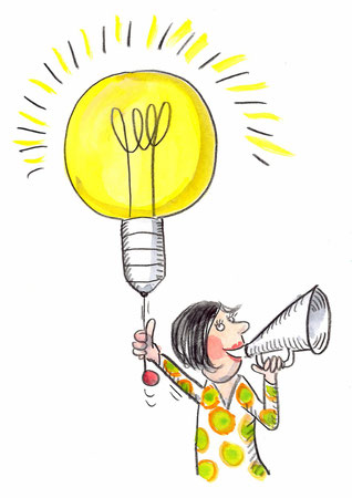 Illustration einer Frau mit Megafon und Glühbirne, die den Newsletter 'Geld & ADHS' bewirbt. Der Newsletter liefert wichtige Informationen und Tipps zum Umgang mit Geld bei ADHS.