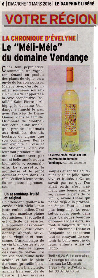 Domaine Vendange Vins de Savoie - article Dauphiné Libéré mars 2016