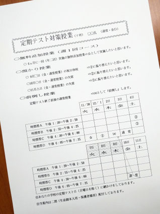 個人別【定期テスト対策授業】日程表 (見本)