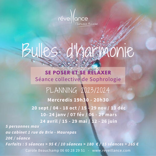 Planning 2023/2024 des séances collectives de sophrologie "Bulles d'harmonie" animées par Carole Beauchamp du cabinet Réveillance à Maurepas dans les Yvelines 78
