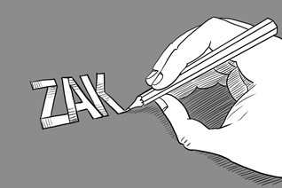 Titelbild für die Lokalkarikaturen. Eine gezeichnete Hand schreibt die Buchstaben ZAK.