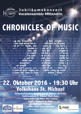 Vocalensemble Mittendrin, Chronicles of music, Jubiläumskonzert, Volkshaus St. Michael, St.Michael, Konzert, Volkshaus, 20 Jahre,  Jubiläum, #Vocalensemble Mittendrin, #Chronicles of Music, Chor, Chorkonzert, a cappella, Rock, Pop