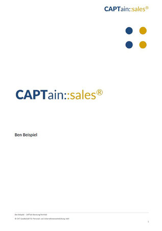 Beispiel für das Titelblatt der Auswertungsvariante CAPTain::sales®; Der CAPTain::sales® wurde für den unkomplizierten Einsatz im Vertriebsbereich entwickelt. Die CAPTain-Ergebnisse werden an dem CAPTain-Kompetenzmodell für den Vertrieb gespiegelt.