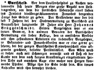 Nachruf auf den früh verstorbenen Johannes Brüggenschmidt in der Aachener Zeitung vom 07.12.1886