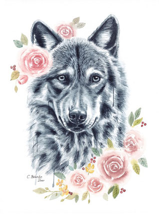 Wolf mit Rosen im Vintage Look