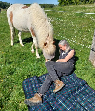 Freizeitreiterin Sigrid liegt auf einer Picknick-Decke auf einer Weide und grinst Islandpferd Helgi an, der neben ihr grast