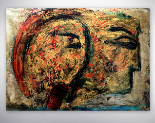 Figurative Malerei, Menschen, abstrakte, Gesichter, großformatige Gemälde, Moderne Malerei, Gold, Rot. Wohnzimmerbilder, großformatig, Struktur Gemälde,  Leinwandbilder, XXL, Abstrakte Wandbilder, Hochwertige Gemälde, Original Bild, Unikat, Acrylbilder,