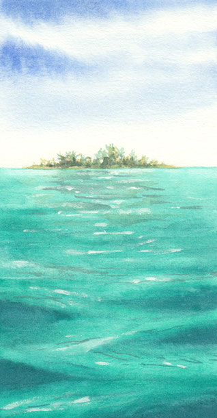 Aquarellbild "Südseeinsel im Meer": in der Ferne eine Insel, im Vordergrund nur leicht gewelltes türkises Meereswasser