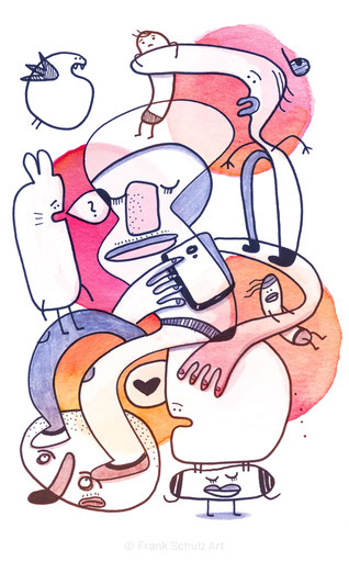 Illustration mit Figuren und Tieren von Frank Schulz